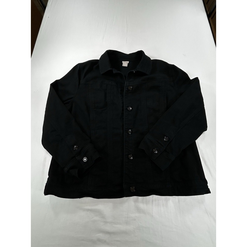 Chico's Women Jacket 3 XL Button Front Black Jean Cotton Blend Stretch Solid